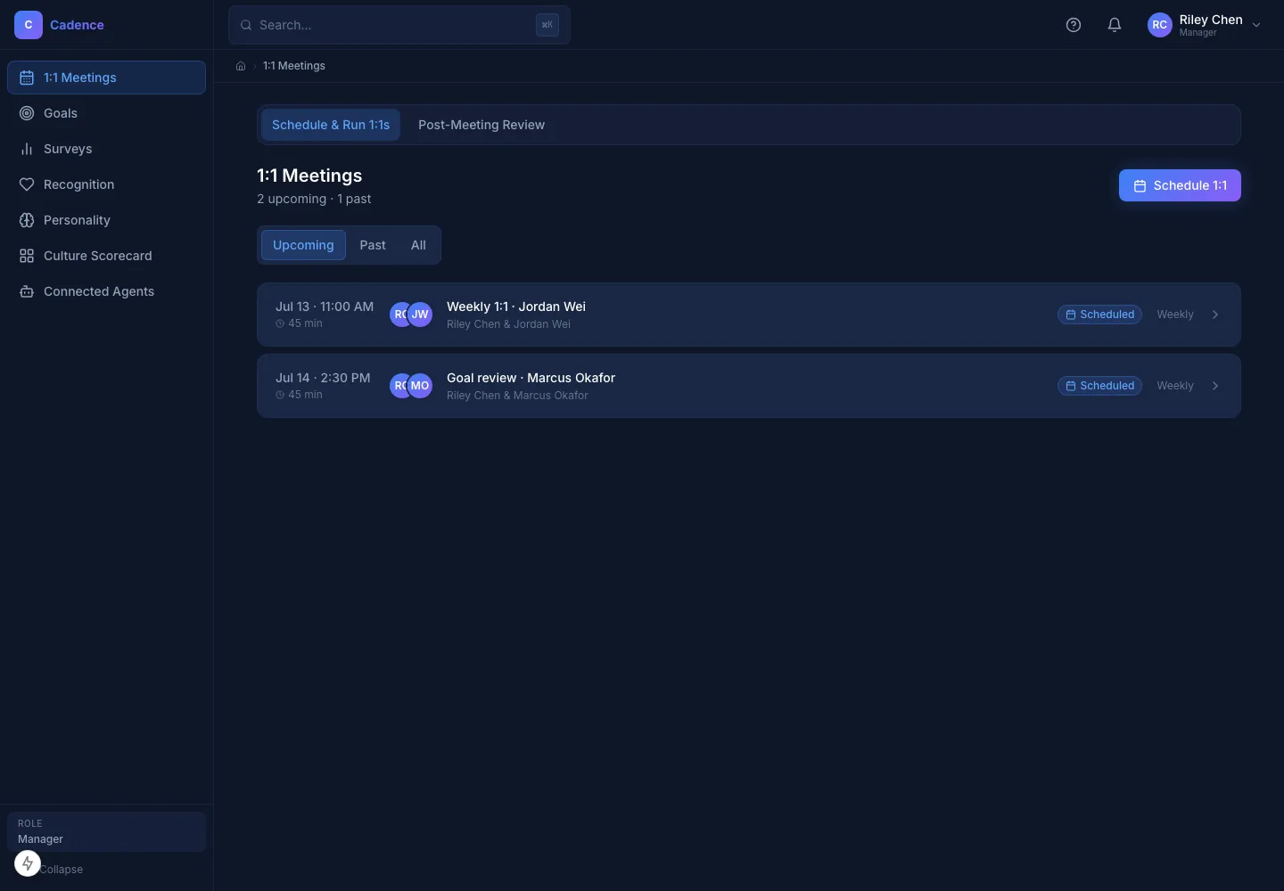 Cadence 1:1 Meetings workspace showing scheduled manager-report conversations
